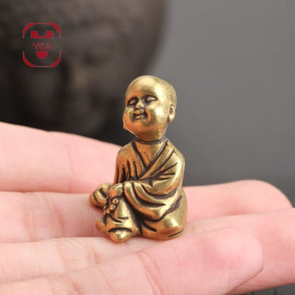 Mini Brass Buddha Statue Pocket Monk Meditation Zen Decor Travel Gift Charm