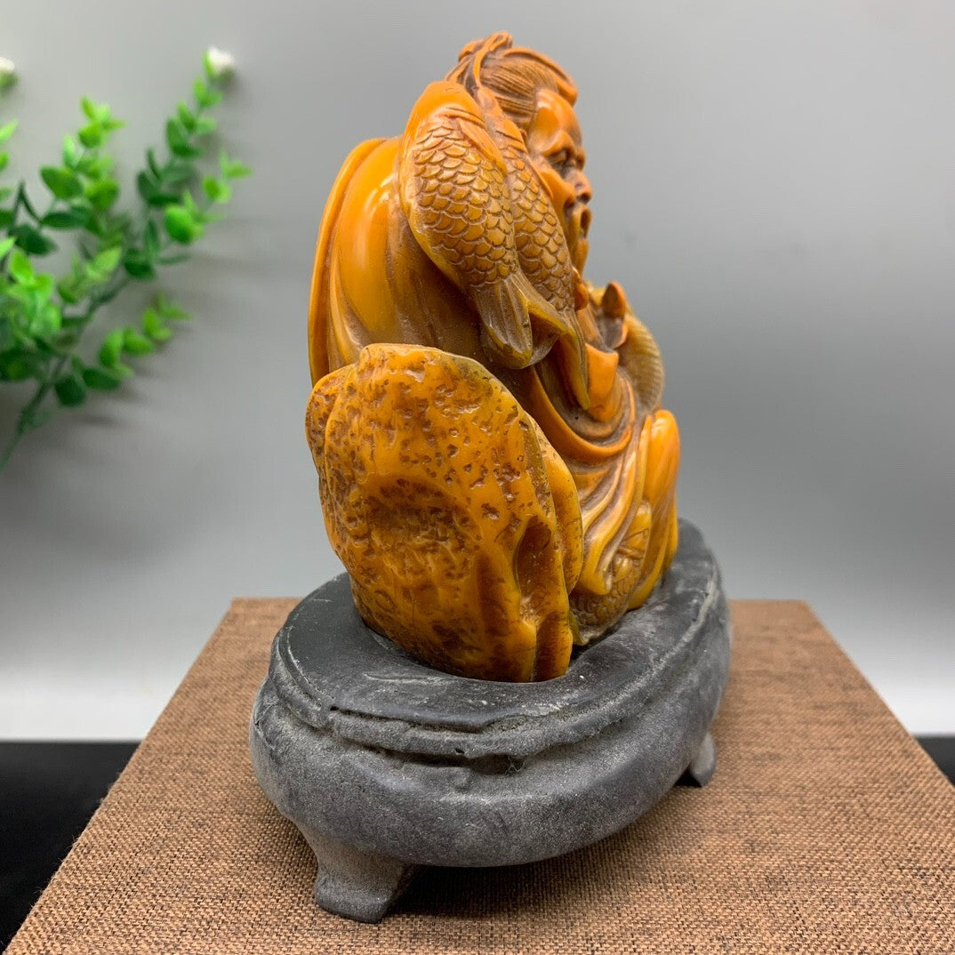 4" Noble Old Shoushan Stone Handwork Carved Old Fisherman Fish Statue Seal Stamp