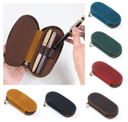 Pencil Case Zipper Leather Bag 3 Pens Capacity Student Stationery Storage Holder