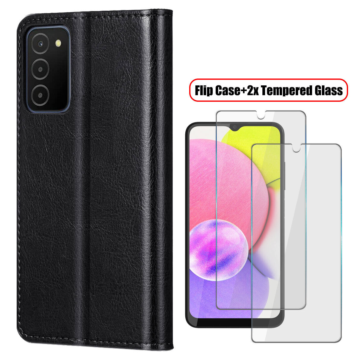 For Samsung Galaxy A03s/SM-A037F Case, Protective Leather Cover / Tempered Glass
