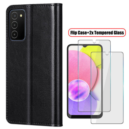 For Samsung Galaxy A03s/SM-A037F Case, Protective Leather Cover / Tempered Glass