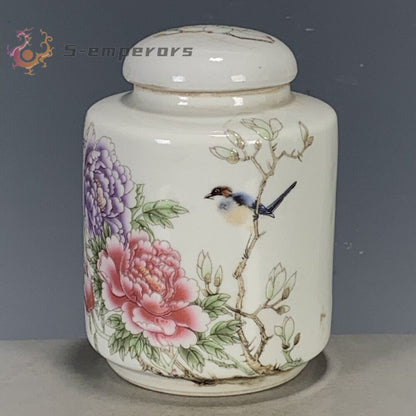 Chinese Antique Pastel Porcelain Flower Bird Lid Pot Tea Pot Jar