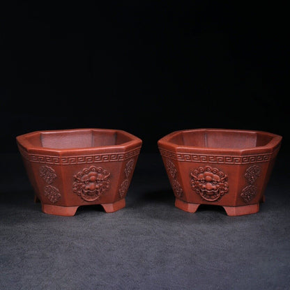Chinese Yixing Zisha Clay Handmade Exquisiteflowerpot (a pair) （花盆（一对） 底款：铁画轩）