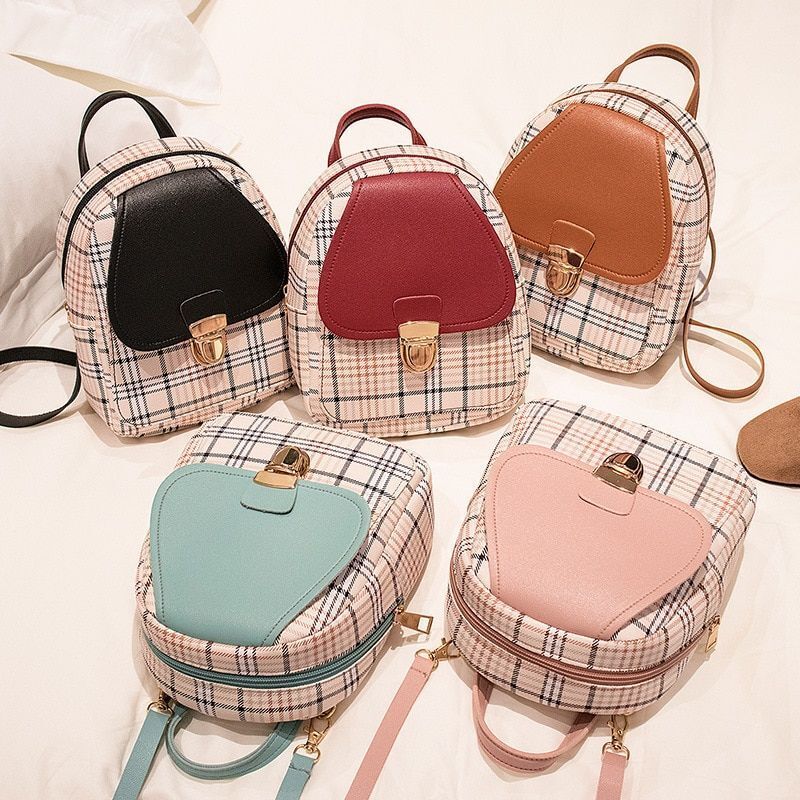 Mini Backpack Crossbody Bag Plaid Shoulder Phone Purses Polyester 20L 16*6*21 CM