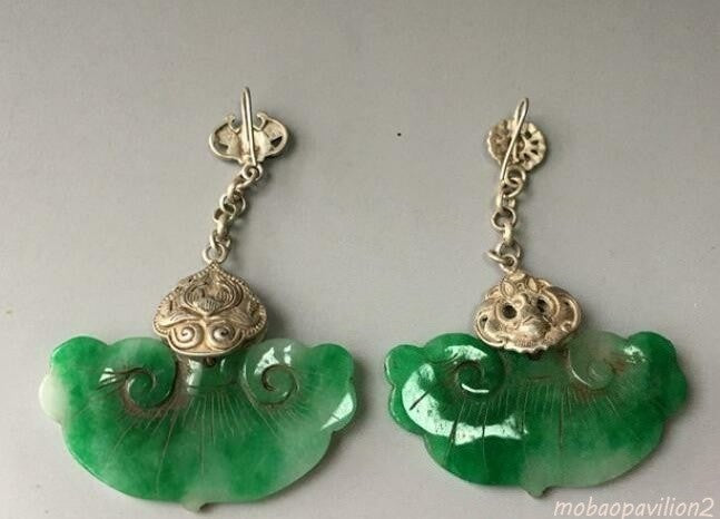 Chinese Antique Silver Inlaid Jade Earrings Chinese Jade Earrings Jewels