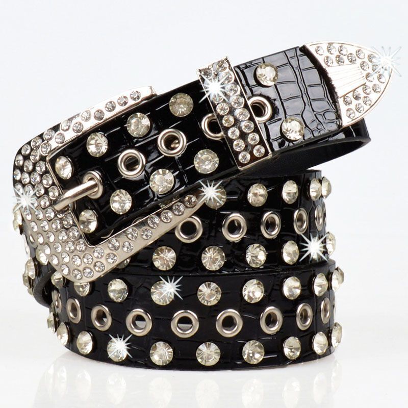 Women Leather Belt Rhinestone Fashion Men Casual Bling Jeans Waistband 110x3.3cm