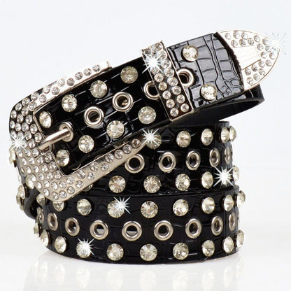 Women Leather Belt Rhinestone Fashion Men Casual Bling Jeans Waistband 110x3.3cm