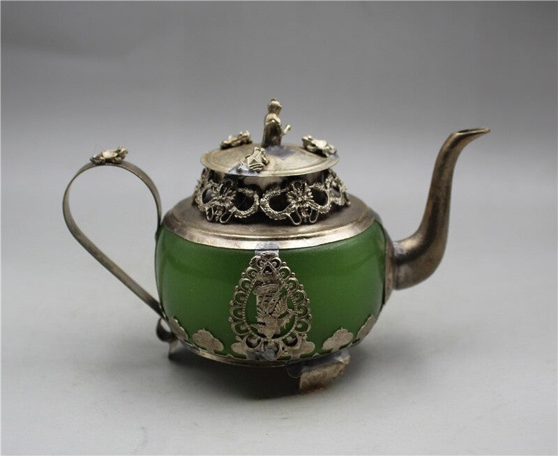 China Old Tibetan Silver Inlay Jade Hand Carved Dragon Teapots Collection