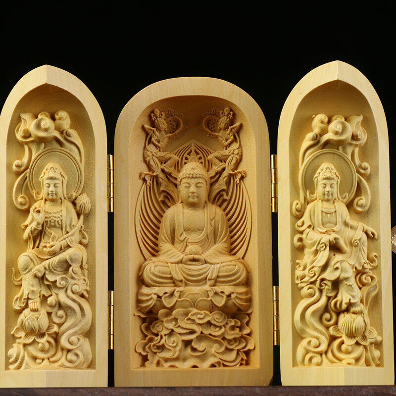 Buddha Statue Carved Wooden Sculpture Decor Three Open Box Home Ornaments NEW