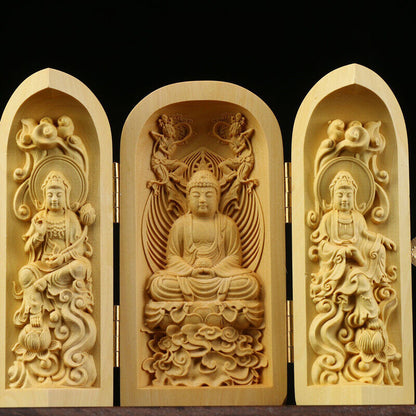Buddha Statue Carved Wooden Sculpture Decor Three Open Box Home Ornaments NEW