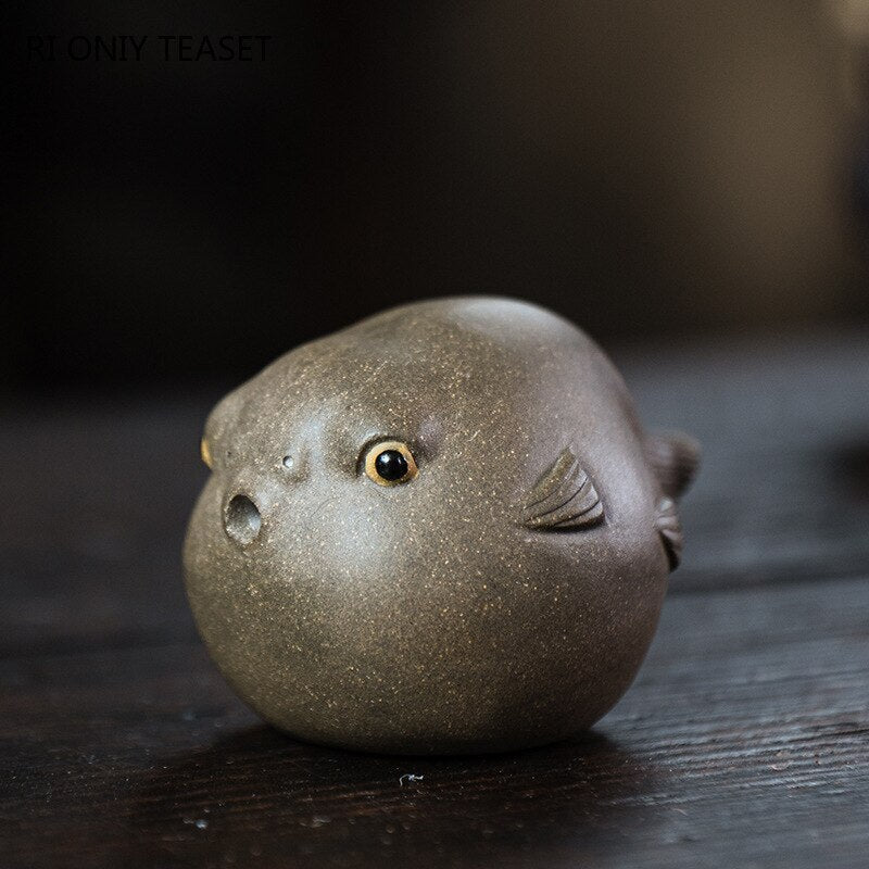 2.83" Creativity Yixing Purple Clay Tea Pet Pufferfish Statue Ornaments Handmade