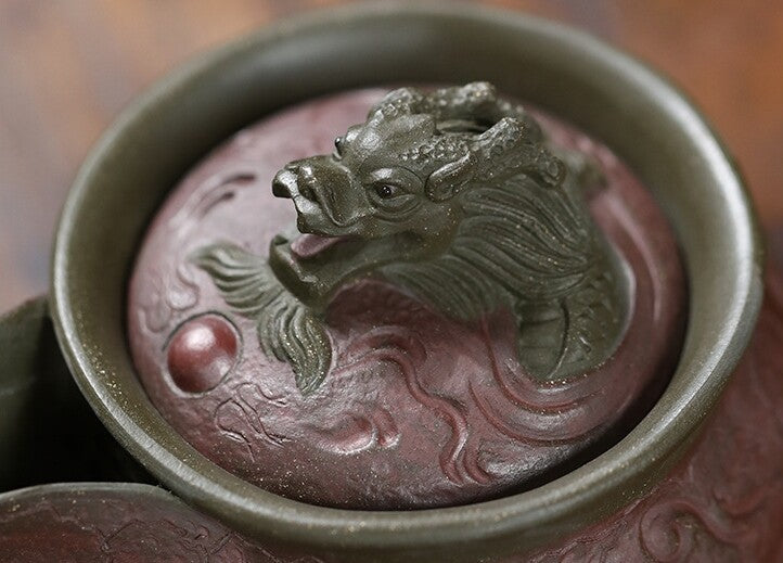 True Yixing Zisha Purple Clay Tea Pot Handmade Dragon Carved Relief Master Pot