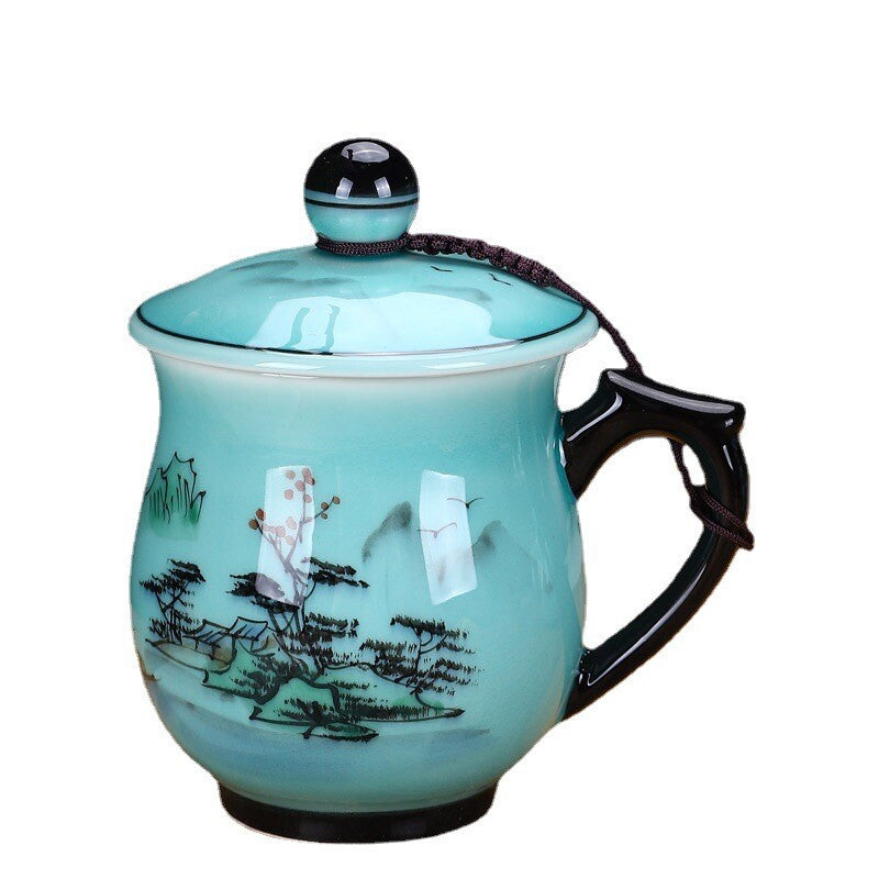 porcelain office cup 400ml handpainted craft lognquan celadon teacup with handle