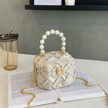 Box Handbags Women Pearl Beads Decor Lock Chain Shoulder Bag Purses Bag