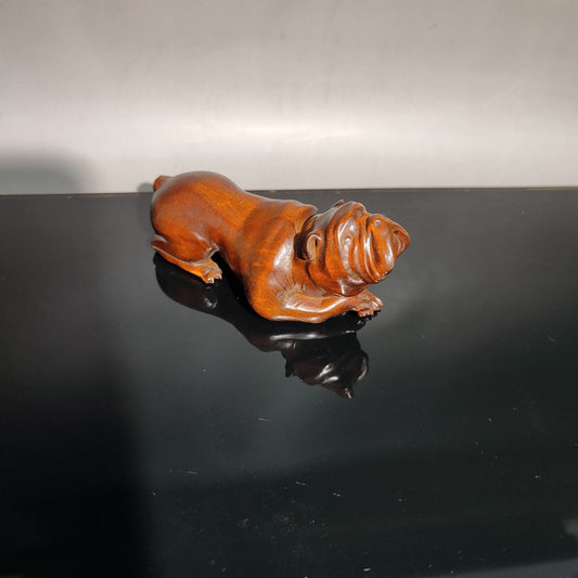vintage wood carving home decor wooden sculpture Boxwood dog pet Bulldog statue