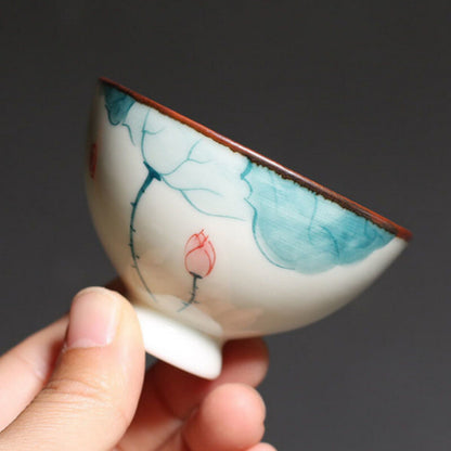 Ceramic Teacup Cup Hand Painted Lotus Tea Bowl Master Cup Handmade Tea Set
