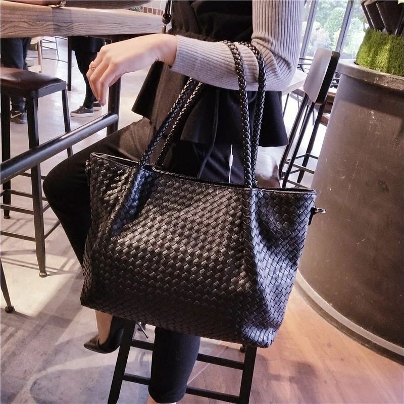 Luxury ladies leather woven tote bag fashion zipper multifunctional shoulder bag