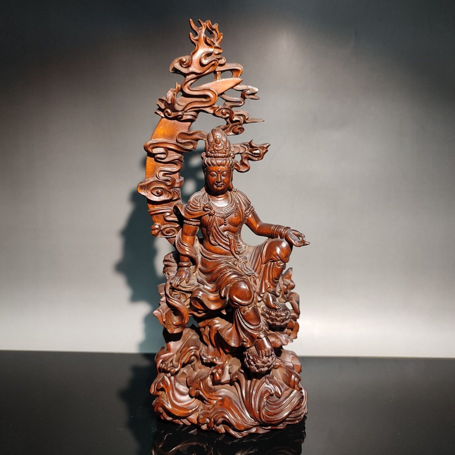 9" chinese boxwood buddha wooden statue antique Free kwan yin carved home decor