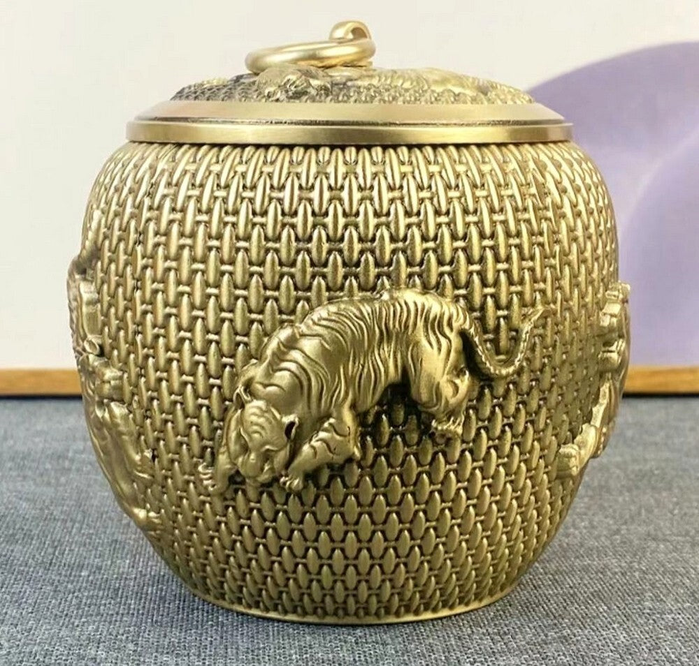 Copper Carved Animal Tiger Jar Tea Coffee Powder Storage Box Decor