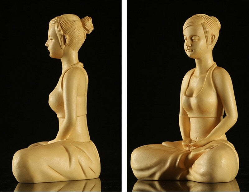 Natural Boxwood Carved Meditation Sitting Girl Statue Figurine Beauty Art Decor