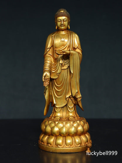 13.8" Old Antique Tibetan Buddhism Temple Bronze 24k Gilt Amitabha Buddha Statue