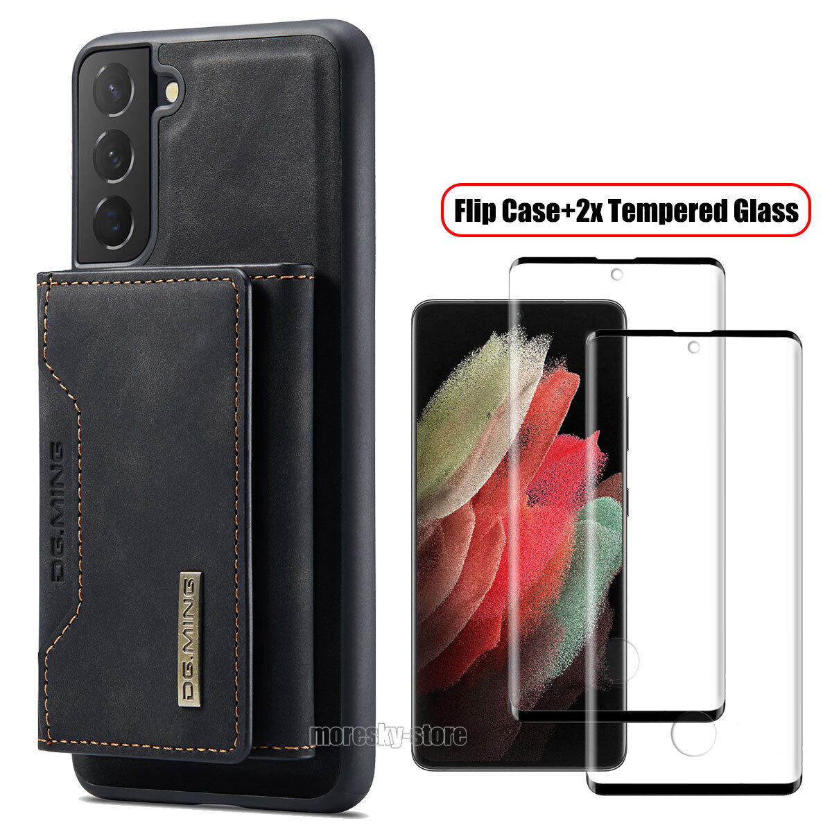 For Samsung Galaxy S21 Ultra FE + 5G Leather Case Cover Holder Tempered Glass