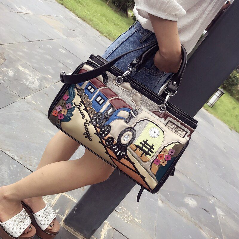 Synthetic Leather Shoulder Bag Patchwork Embroidery Messenger Bag Handbags Totes