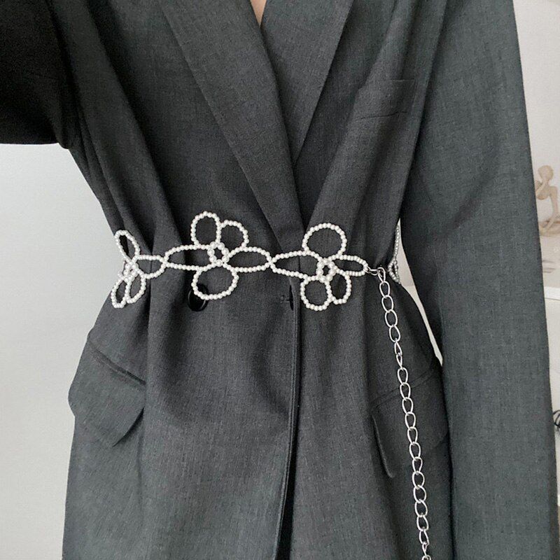 Women Belt Fashion Decorative Harness Waist Chain Strap 120cm Alloy Pearl Flower