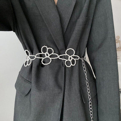 Women Belt Fashion Decorative Harness Waist Chain Strap 120cm Alloy Pearl Flower