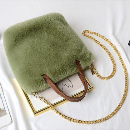 Fluffy Tote Bag Sling Chains Shoulder Strap Crossbody Faux Fur Bucket Handbag
