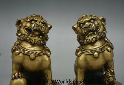 4.4"IN Chinese Old Copper Folk Feng Shui Foo Fu Dog Guardion Lion Drum Statue