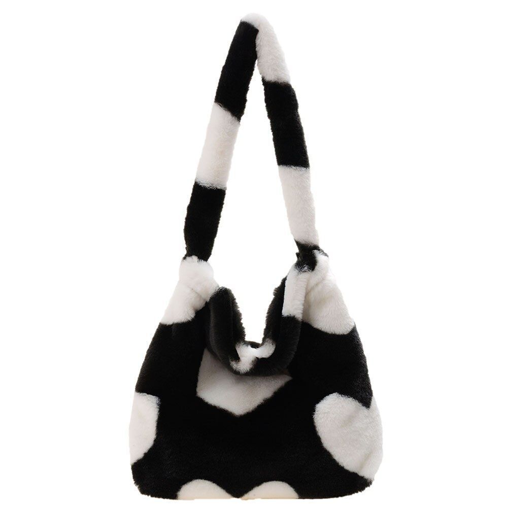 Heart Leopard Print Bag Soft Plush Shoulder Bag Large Travelling Purse 30*25*6CM