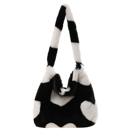 Heart Leopard Print Bag Soft Plush Shoulder Bag Large Travelling Purse 30*25*6CM