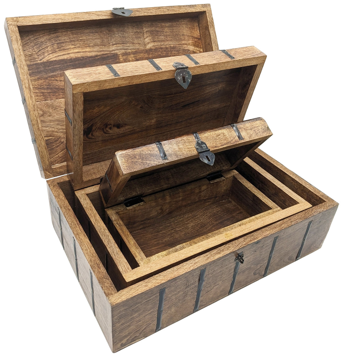 3 Set (S,M & L) Nesting Wooden Pirate Treasure Chests, Hinges & Clasps for locks