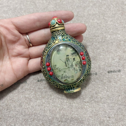 Antique Brass Snuff Bottle Tibetan Inside Painted Double-Sided Snuff Bottle