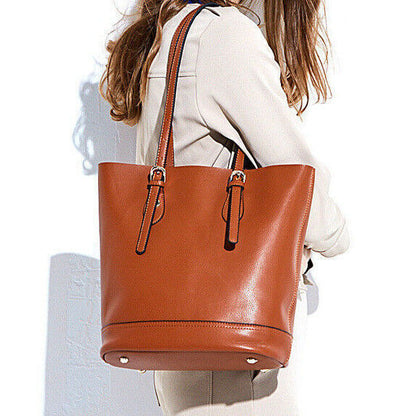 Women's Genuine Leather Shoulder Tote Handbag Shopping Large Capacity Bucket Bag