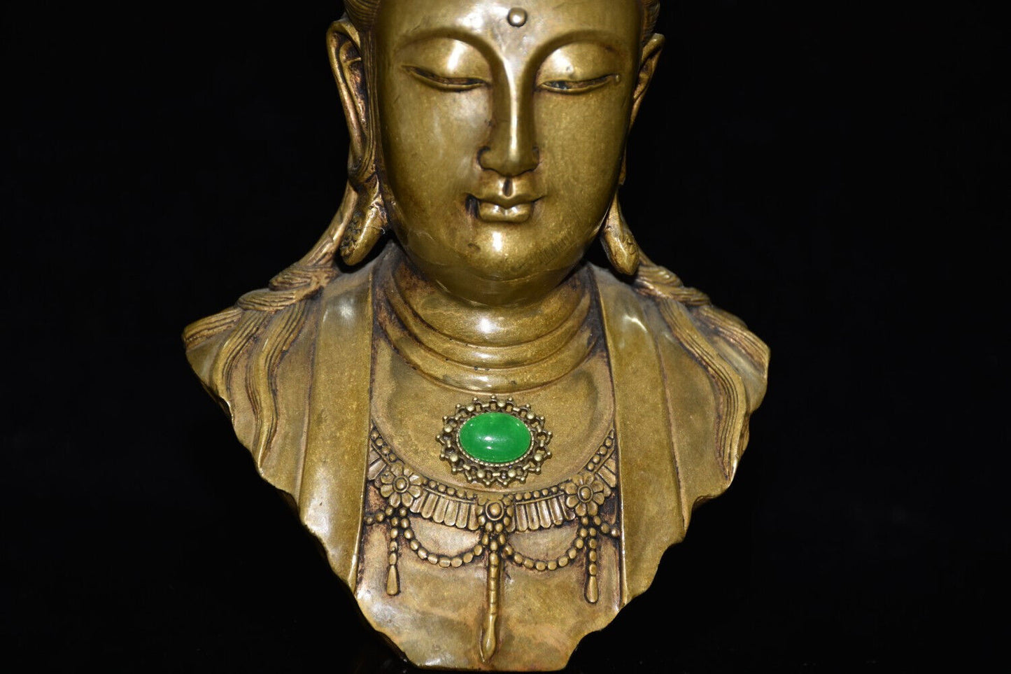 Ancient brass inlaid gemstone Guanyin head ornament