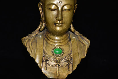 Ancient brass inlaid gemstone Guanyin head ornament