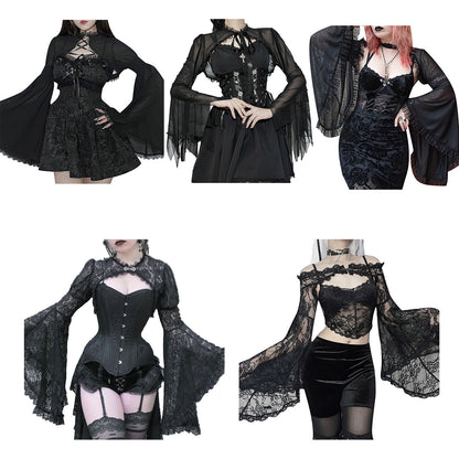 Women Sexy Gothic Long Flare Sleeve Lace Shrug Retro Steampunk Crop Top Cardigan