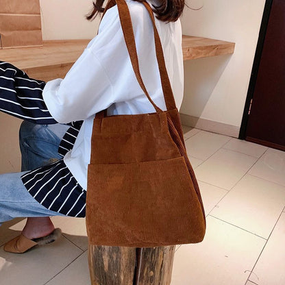 Corduroy Tote Bag Carry Shoulder Bag Retro Handbag Inner Pocket Travel Shopping