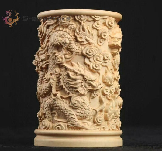 Chinese Boxwood Wood Hand Carving Nine Dragon Pen Holder Statue Decor