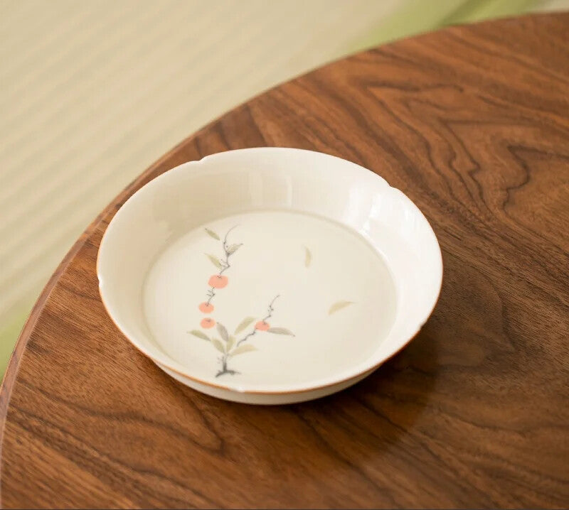 Hand-painted Bamboo Persimmon Ceramic Pot Table Tea Tray Fruit Snack Plate