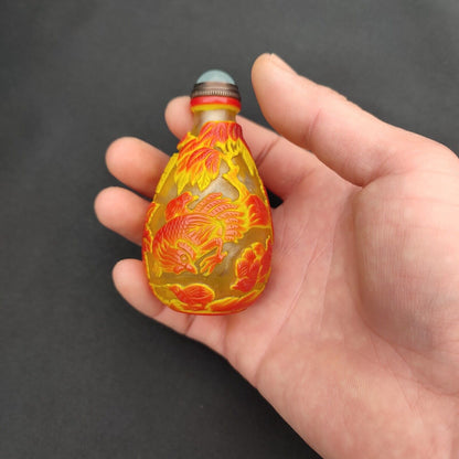 Old Beijing chinese colored glaze snuff bottle glass box gift rooster statue art