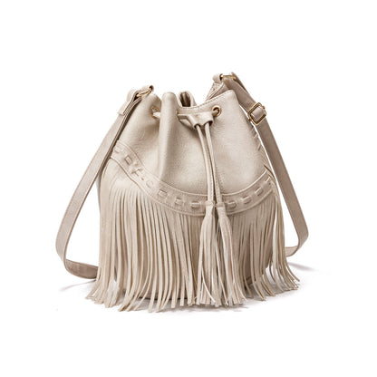 Women's Bag Casual Drawstring Tassel Bucket Bag PU Fringe Female Messenger Bag