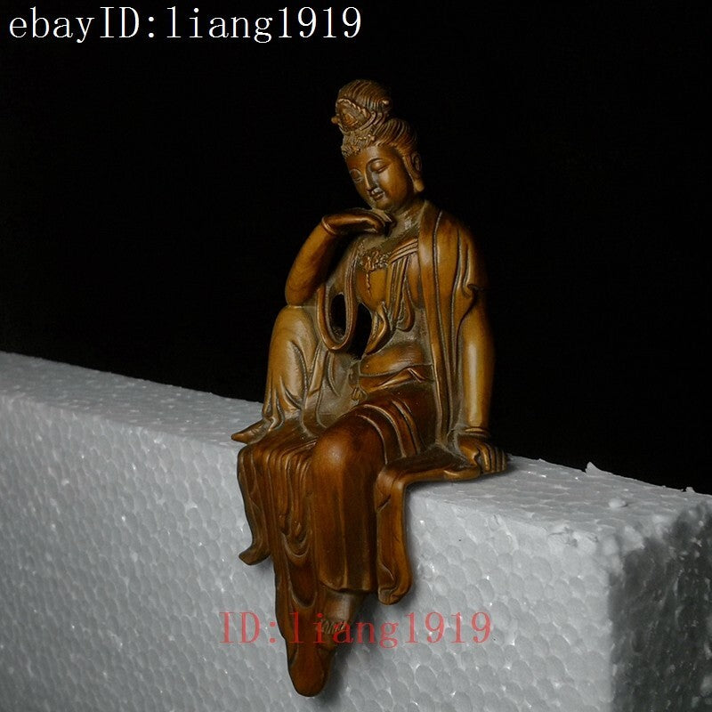 H 5 inch Old Chinese Boxwood Hand Carved Avalokitesvara Kwan-yin Buddha Statue