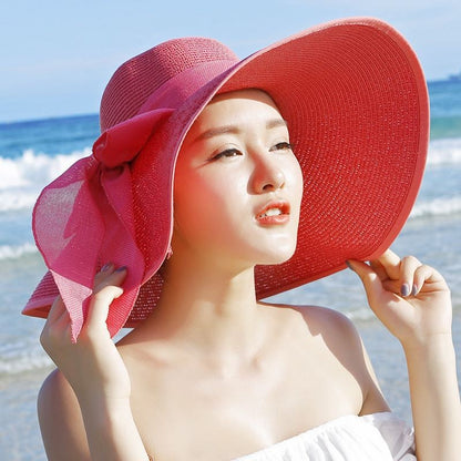 Outdoor Seaside Woman Fashion Big Bow Large Brimmed Cap Foldable Straw Hat