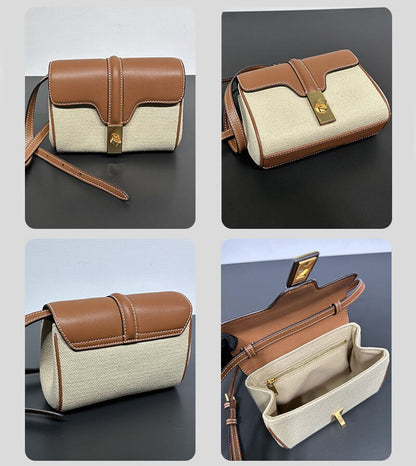 Mini Real Leather Canvas Small Flap Shoulder Bag Clutch Box Purse Crossbody