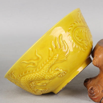 Old Chinese Porcelain Color Painted Relief Dragon & Phoenix Pattern Bowl