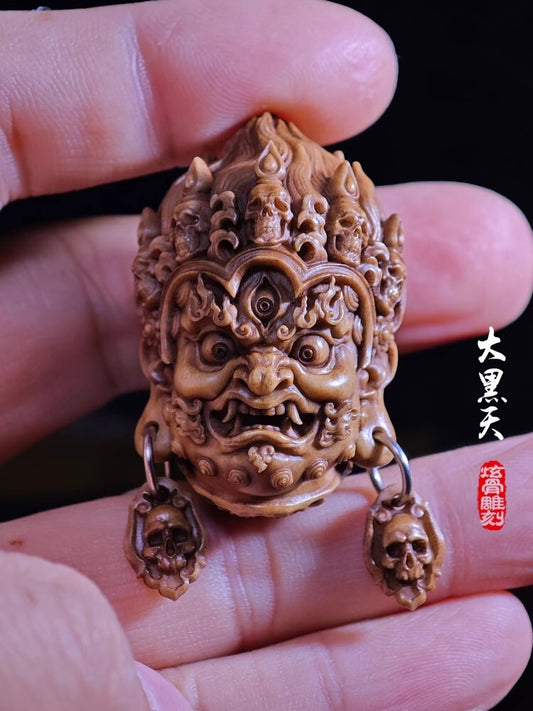 Buddhism Mahakala Head Carved Deer Antler Hand Carving Statue Pendant Amulet