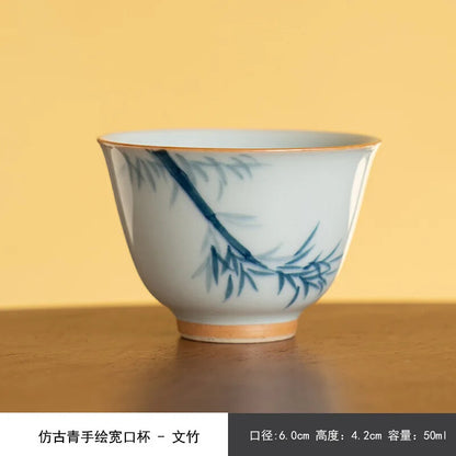 50ml Imitation Ancient Blue Ceramic Teacup Hand-painted Green Bamboo Master Cup